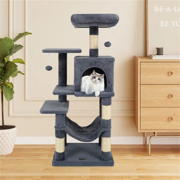 44" Multi-Level Cat Tree With Spacious Top Perch, 2-Door Condo & Hammock For Indoor Cats -Gray