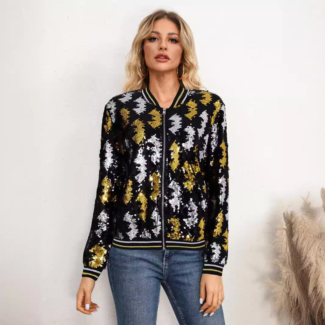 Slim-fit Elegant Long-sleeve Sequin Baseball Jacket For Workwear