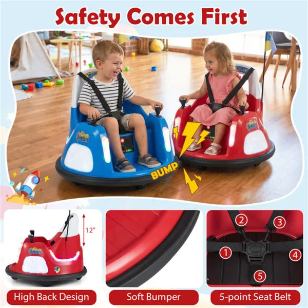 Red 5-Point Seat Belt Kids Bumper Car With Flashing Lights & Music, Safe 0.7-1.2 MPH Ride-On Toy For Boys & Girls