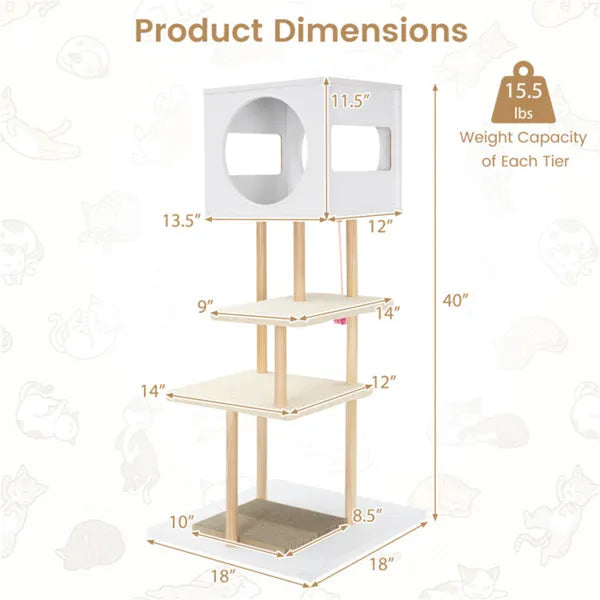 Multi-Level Cat Tree With 2 Scratching Pads, Dual-Door Cat Condo & Anti-Tipping Kit For Indoor Cats