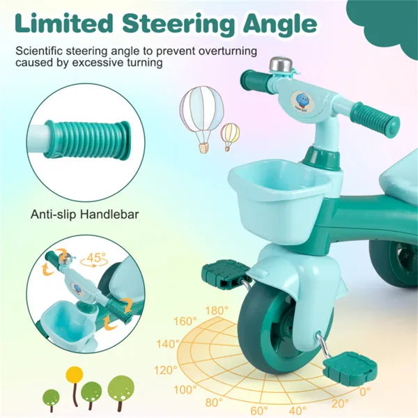Toddler Tricycle For 3-5 Years - Stable Triangular Structure, Front & Rear Storage Baskets