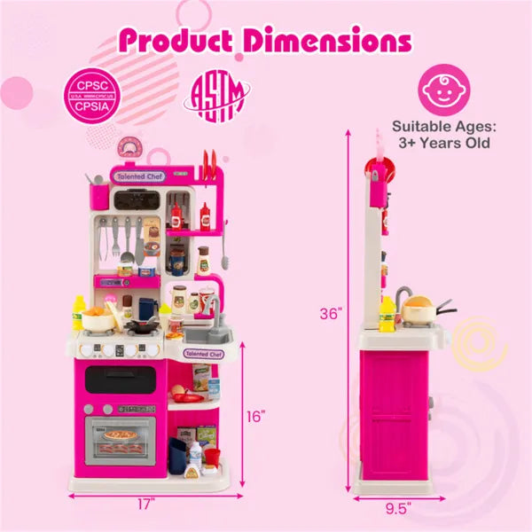 Pink Kids Corner Play Kitchen With Realistic Sounds, Lights & Steam, 95PCS Accessories Pretend Cooking Set For Ages 3+