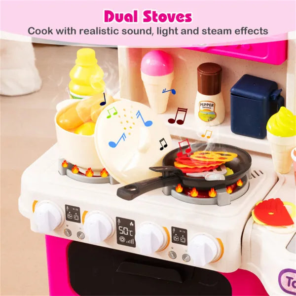 Pink Kids Corner Play Kitchen With Realistic Sounds, Lights & Steam, 95PCS Accessories Pretend Cooking Set For Ages 3+