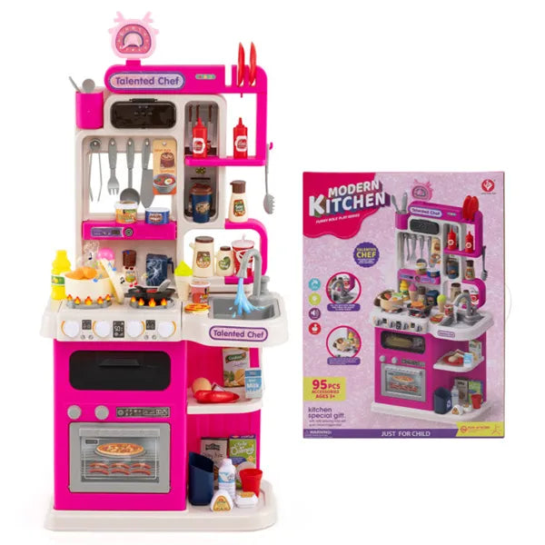 Pink Kids Corner Play Kitchen With Realistic Sounds, Lights & Steam, 95PCS Accessories Pretend Cooking Set For Ages 3+