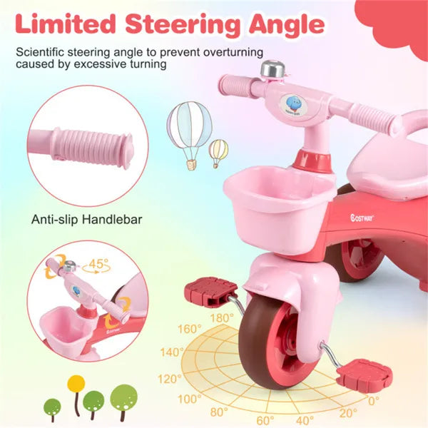 Toddler Tricycle For 3-5 Years - Stable Triangular Structure, Front & Rear Storage Baskets
