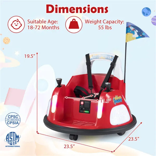 Red 5-Point Seat Belt Kids Bumper Car With Flashing Lights & Music, Safe 0.7-1.2 MPH Ride-On Toy For Boys & Girls