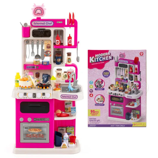Pink Kids Corner Play Kitchen With Realistic Sounds, Lights & Steam, 95PCS Accessories Pretend Cooking Set For Ages 3+