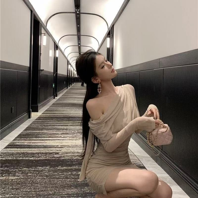 Womens Sexy Sheer Glitter Long-Sleeve Dress