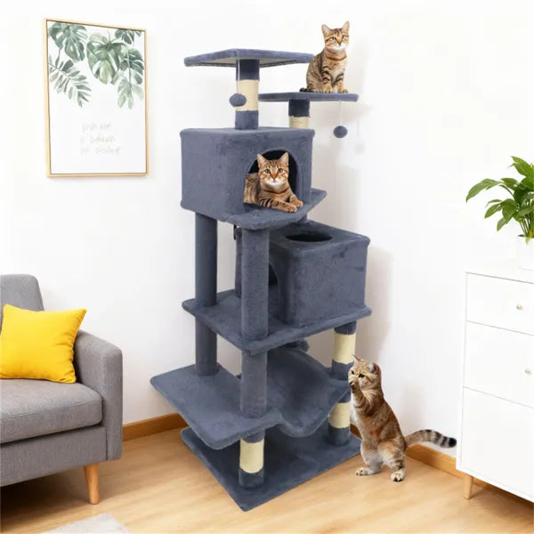 57" Multi-Level Cat Tree For Multi-Cat Households, 2 Condos & Hammock With Sisal Scratching Posts-Gray