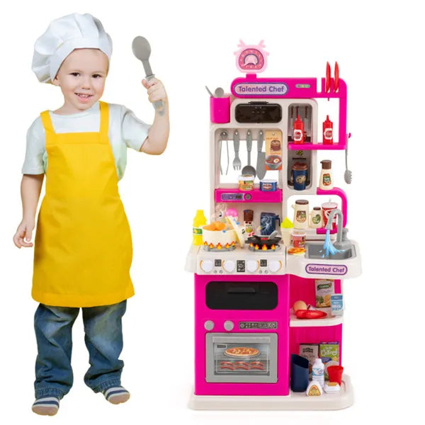 Pink Kids Corner Play Kitchen With Realistic Sounds, Lights & Steam, 95PCS Accessories Pretend Cooking Set For Ages 3+