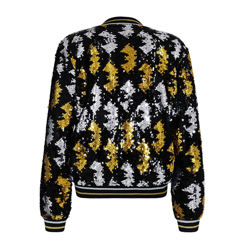 Slim-fit Elegant Long-sleeve Sequin Baseball Jacket For Workwear