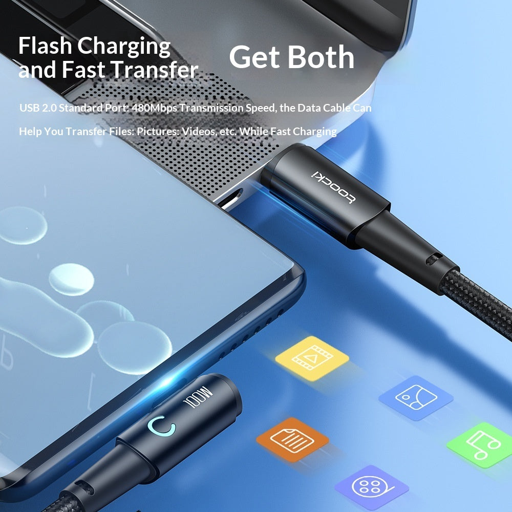 100W Fast-charging Type-C Cable With Illuminated Bend For Data And Charging