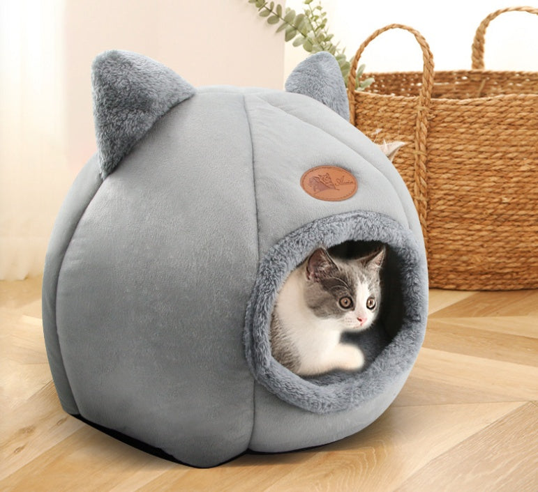 New Semi-enclosed Warm Pet Bed For Cats And Dogs, With Plush Lining, In A Round Shape