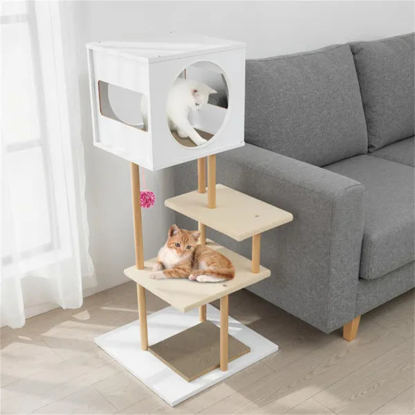 Multi-Level Cat Tree With 2 Scratching Pads, Dual-Door Cat Condo & Anti-Tipping Kit For Indoor Cats