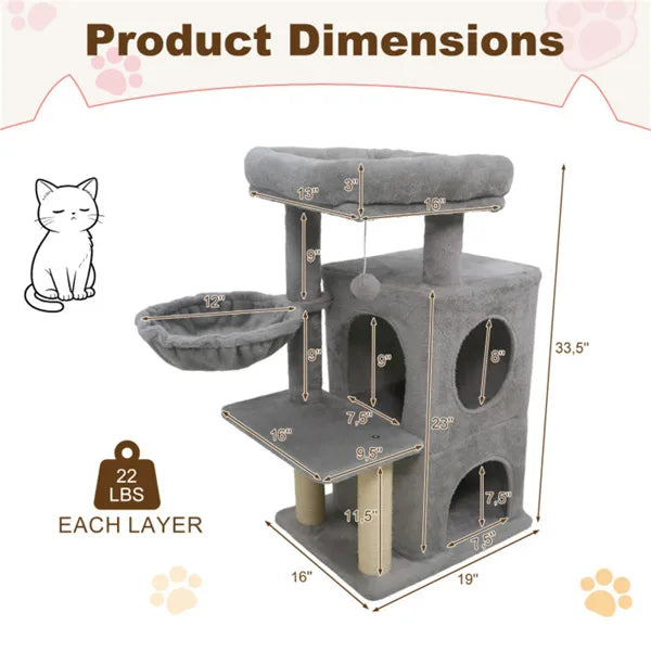 Light Gray 33.5" Multi-Level Cat Tree With 2-Tier Condo, Sisal Scratching Posts & Anti-Toppling Device For Cats