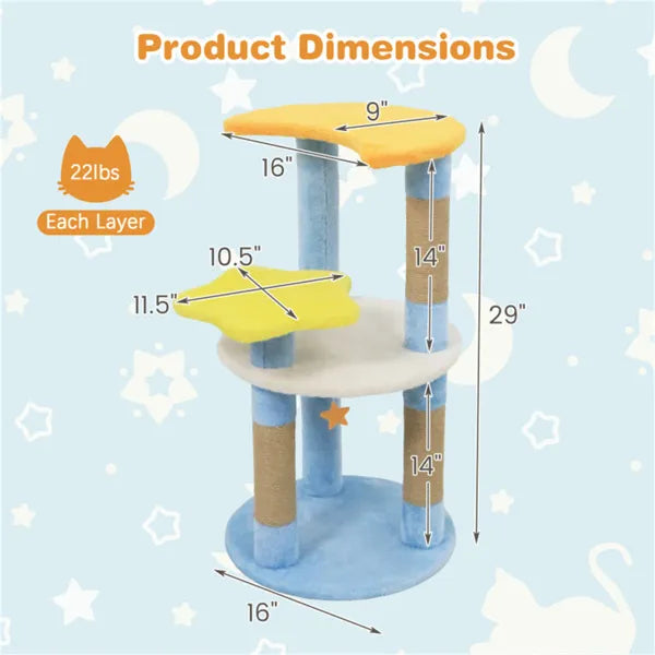 29" Moon & Star Cat Tree With 4 Levels, Jute Scratching Posts & Anti-Tipping Device For Kittens & Adults-Blue